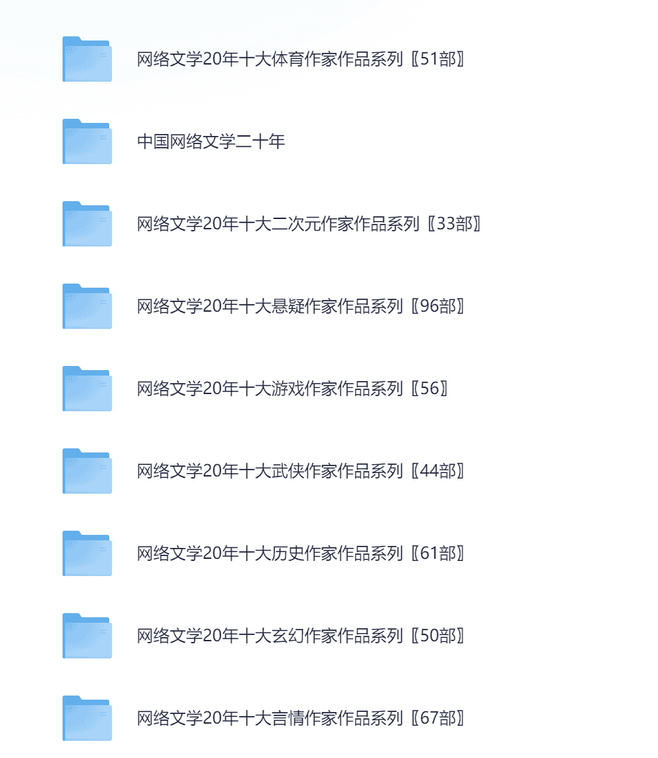 【网络文学20年人物篇·130位大神作家作品系列合集】已分类每类十位作家【704部精教版小说】